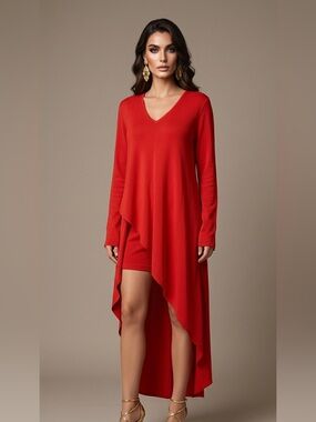 BCBGMaxAzria Red V‑Neck High‑Low Draped Dress
